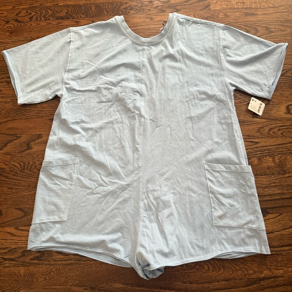 NWT Free People Hot Shot Tee Romper, light blue, sz Med
